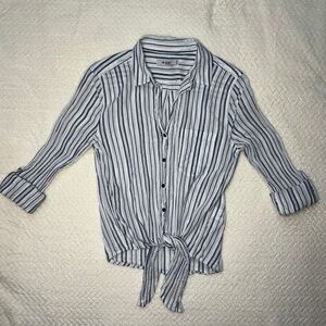 Tie-Front Striped White Blue Shirt, Women's, Long Sleeve, XS (S), EUC